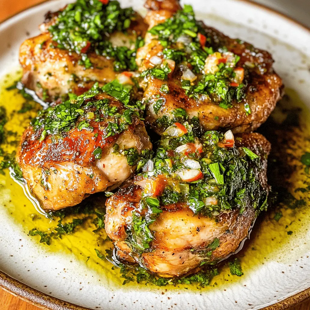 Get ready for a burst of flavor with these Chimichurri Chicken Thighs! This dish combines juicy chicken thighs with a vibrant, herbaceous chimichurri sauce made from fresh parsley, garlic, and olive oil. Perfect for grilling or roasting, it's a crowd-pleaser for any meal. Save this recipe for your next family dinner or BBQ and wow your guests!