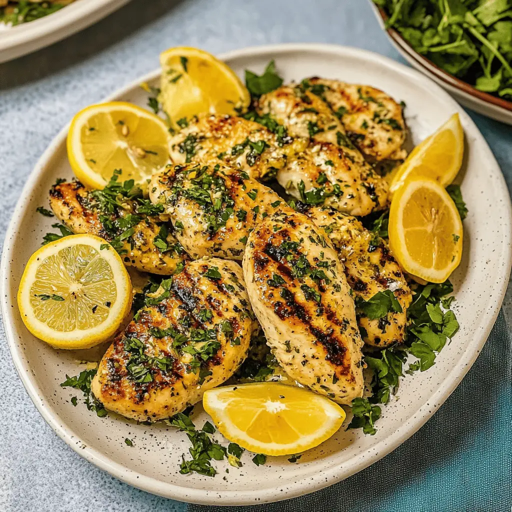Juicy grilled chicken breasts bursting with zesty lemon and aromatic garlic are a perfect weeknight meal. This recipe features simple ingredients that create amazing flavor, making it ideal for busy evenings or backyard gatherings. Save this for your next BBQ or family dinner! Enjoy delicious, tender chicken any time.
