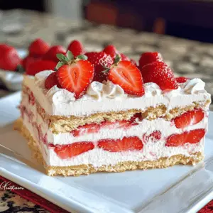 This no-bake Strawberry Icebox Cake is the perfect summer treat! With layers of fresh strawberries and creamy whipped filling, it's a delightful way to stay cool. Easy to make and great for gatherings, this dessert will impress your family and friends. Save this recipe for your next barbecue or picnic — you won't want to miss out!