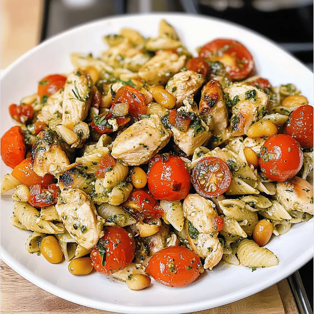 Easy Chicken Pesto Pasta with Tomatoes and Pine Nuts