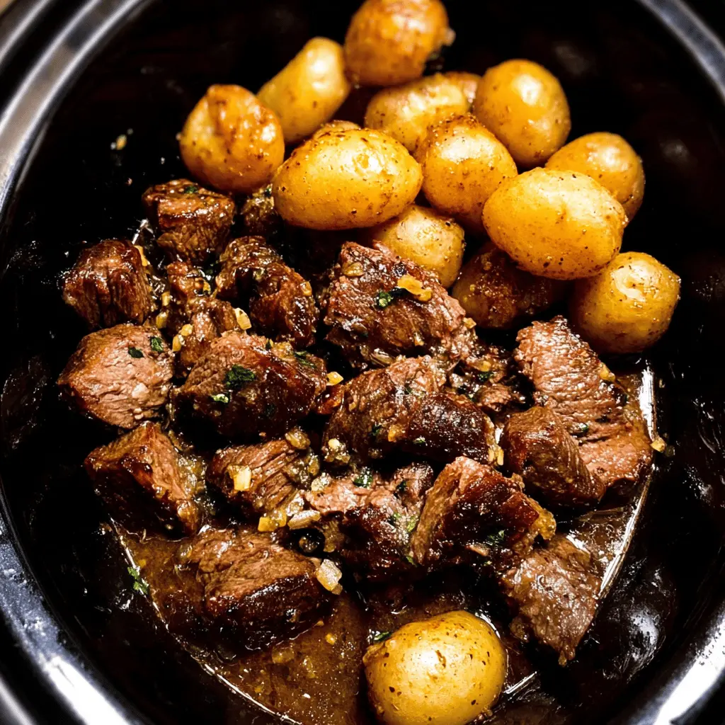 Slow Cooker Garlic Butter Beef Bites with Potatoes