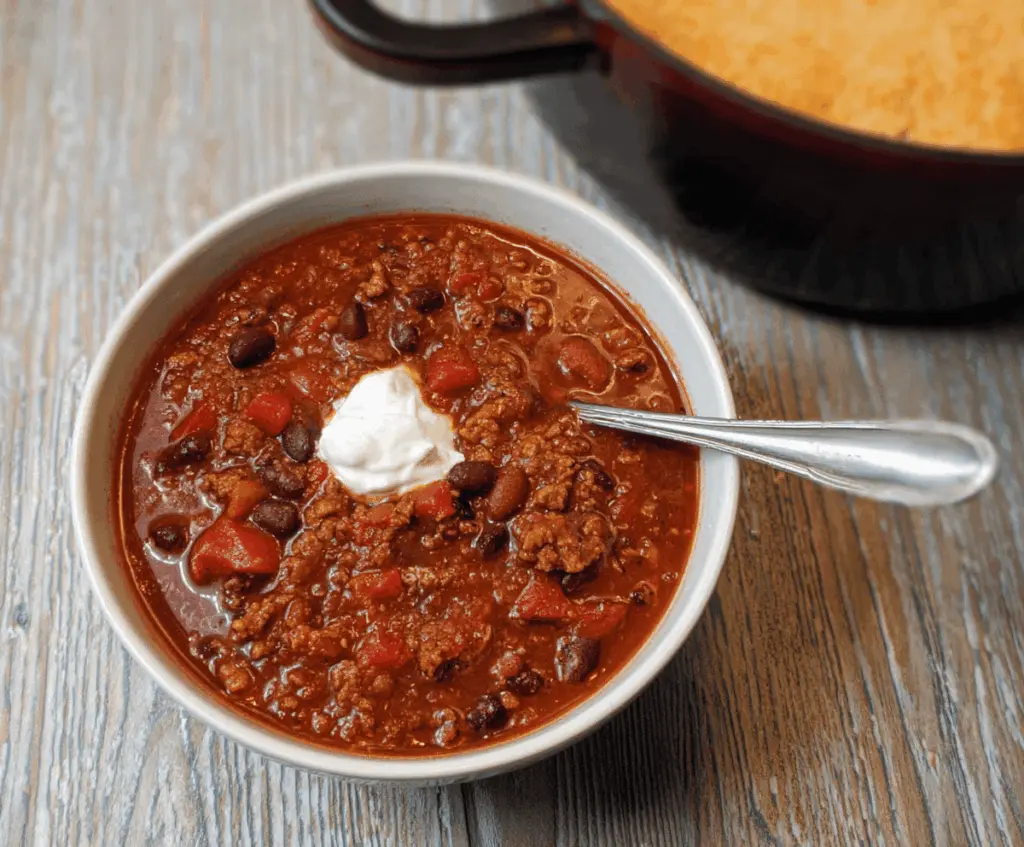 Delicious 30-minute homemade chili in a bowl topped with shredded cheese and fresh herbs, perfect for a quick and hearty meal.