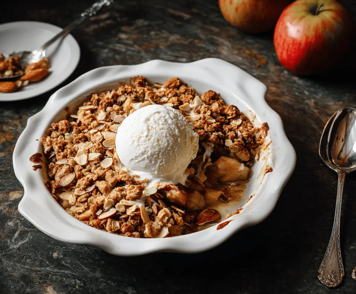 Delicious homemade almond apple crisp topped with toasted almonds and cinnamon, served in a rustic baking dish