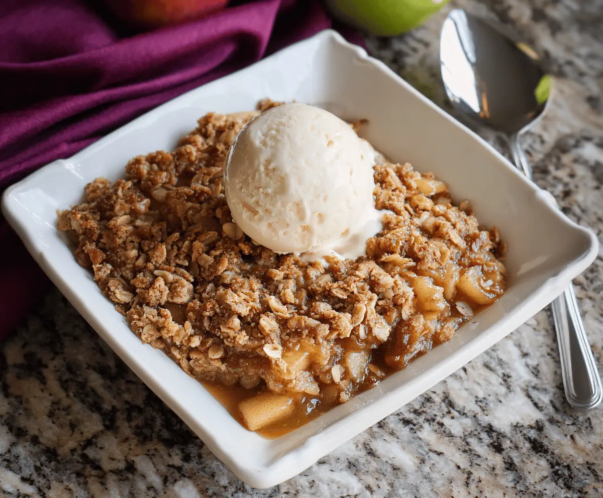 Delicious apple crisp topped with golden apple cider glaze and warm cinnamon spices, served in a rustic baking dish
