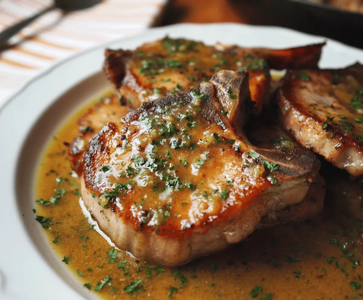 Juicy apple cider pork chops garnished with fresh herbs on a rustic wooden table, perfect for a flavorful fall dinner