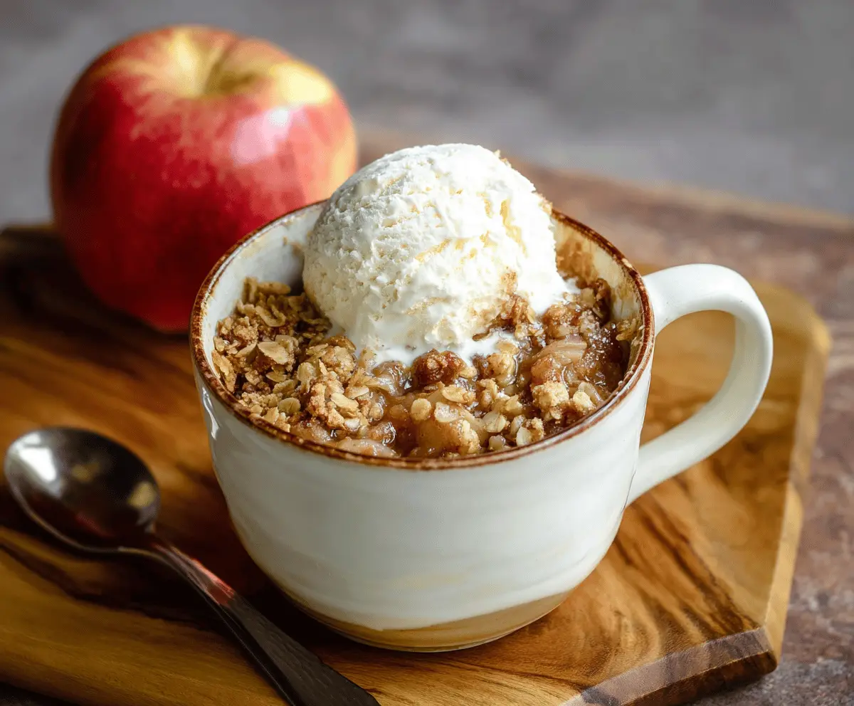 Delicious homemade apple crisp served in a mug with warm cinnamon and crunchy topping, perfect for quick and cozy desserts.