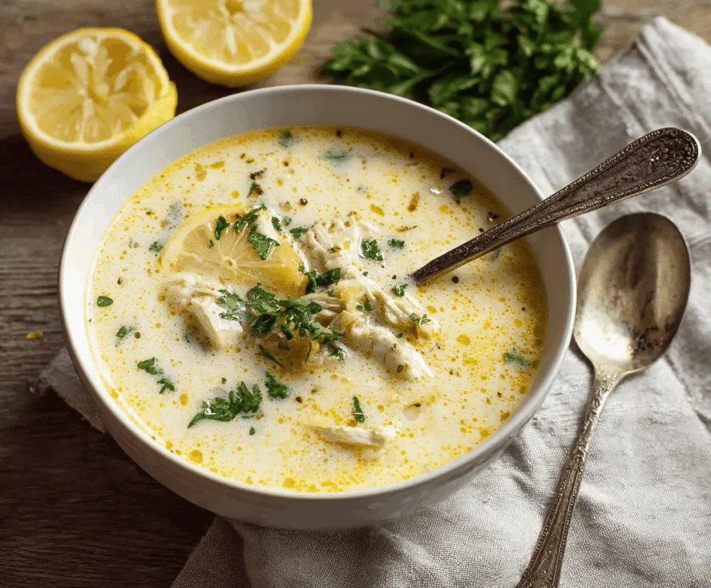 Creamy Greek Avgolemono Soup with lemon, chicken, rice, and fresh herbs in a rustic bowl