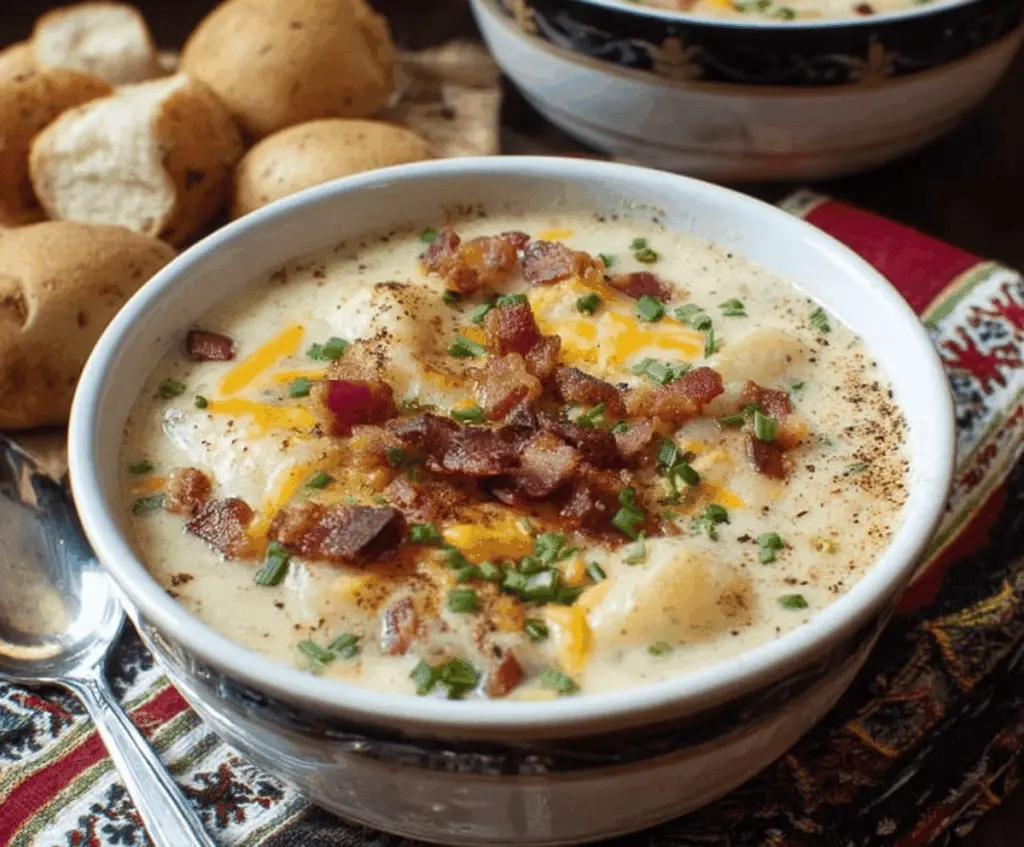 Creamy bacon potato soup in a bowl topped with crispy bacon and fresh herbs, perfect for a cozy meal.