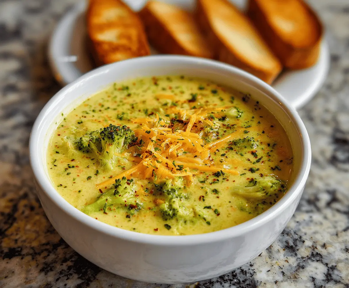 Creamy broccoli cheddar soup in a bowl topped with shredded cheddar cheese and fresh broccoli florets, served with crusty bread on a rustic wooden table.