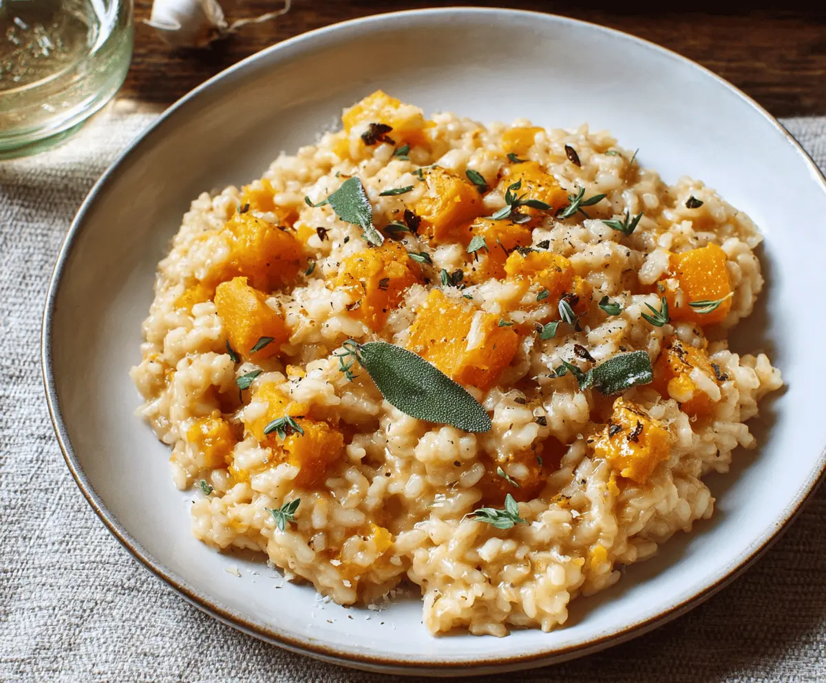 Creamy butternut squash risotto garnished with fresh herbs, served in a white bowl for a comforting autumn meal.