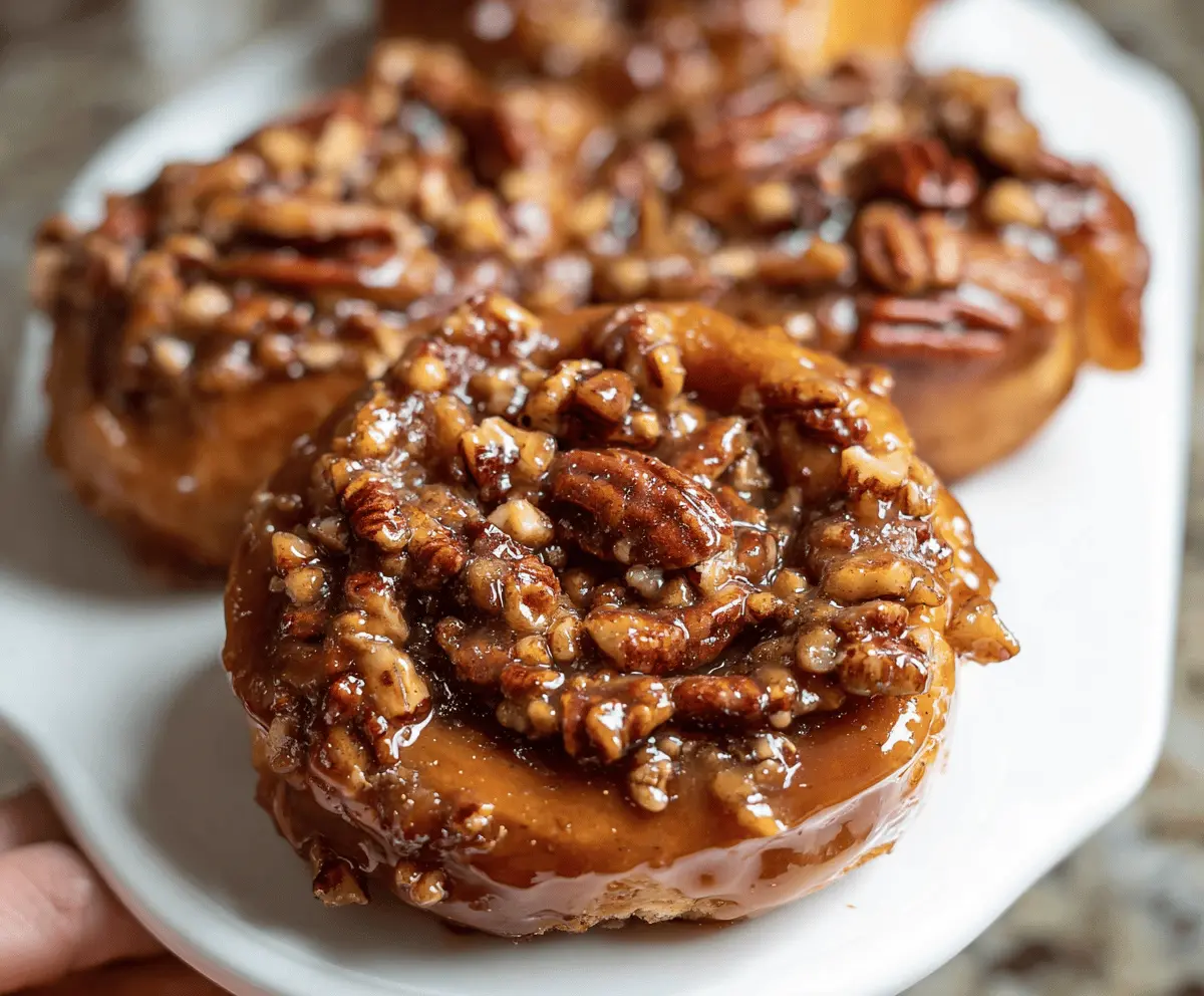 Delicious caramel pecan sticky buns topped with toasted pecans and gooey caramel glaze, perfect for breakfast or dessert.
