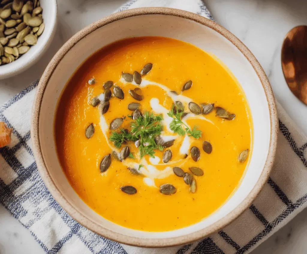 Creamy carrot ginger soup garnished with fresh herbs in a rustic bowl, perfect for a healthy and comforting meal.