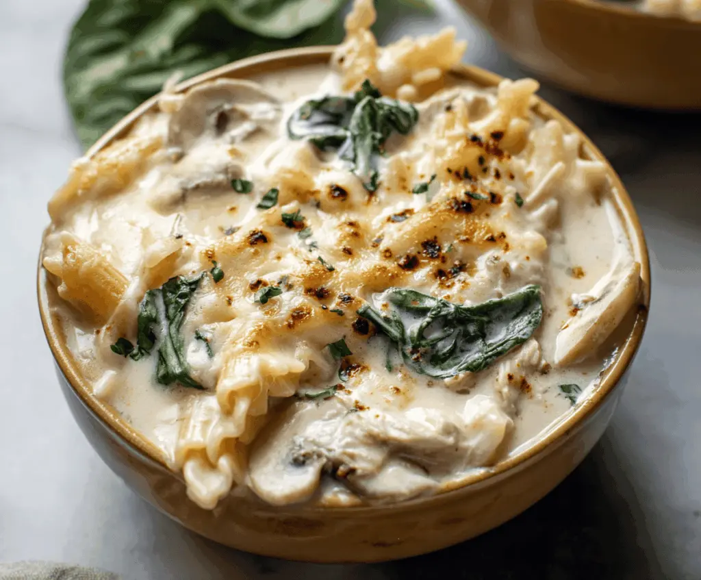 Creamy cheesy Alfredo lasagna soup topped with melted cheese and fresh herbs in a bowl, perfect for comfort food lovers.