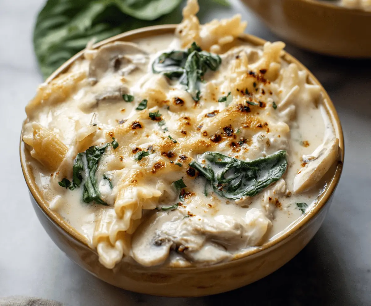 Creamy cheesy Alfredo lasagna soup topped with melted cheese and fresh herbs in a bowl, perfect for comfort food lovers.