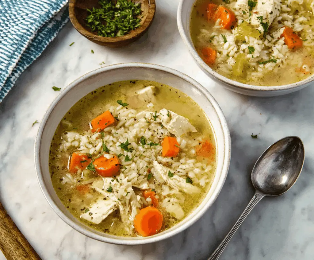Hearty chicken and rice soup in a bowl with vegetables and herbs, served hot for comfort and nourishment.