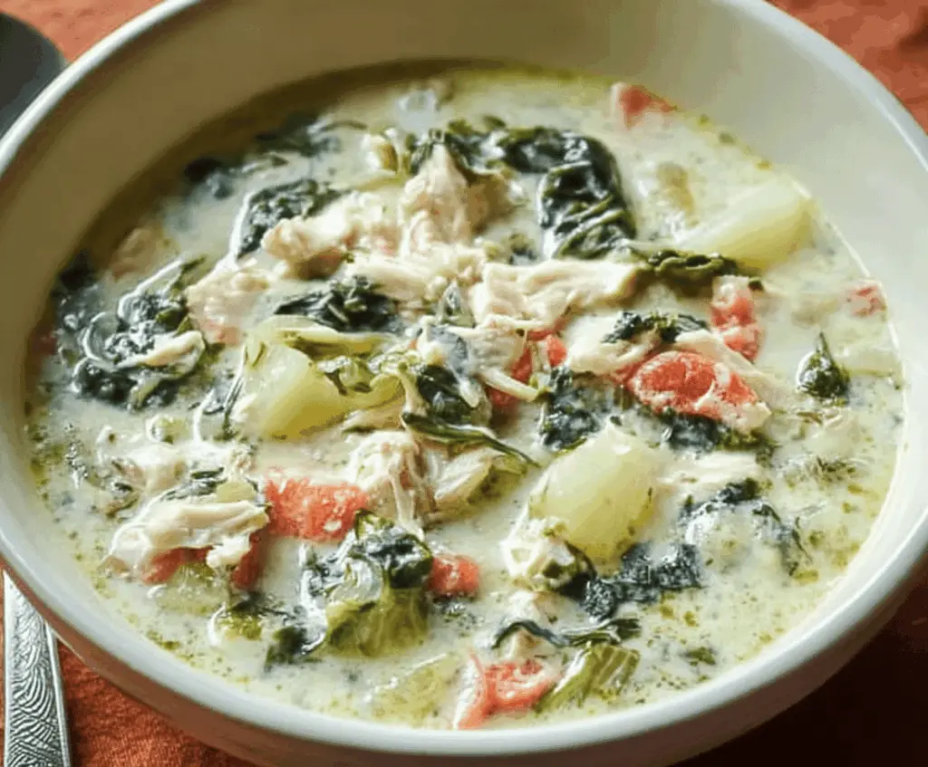 Creamy Chicken Florentine Soup with tender chicken, fresh spinach, and herbs in a flavorful broth, served in a bowl.