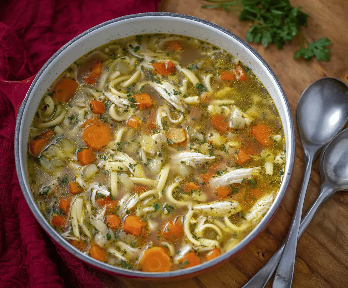 A steaming bowl of homemade chicken noodle soup with colorful vegetables, tender chicken, and fresh herbs, perfect for a comforting meal.