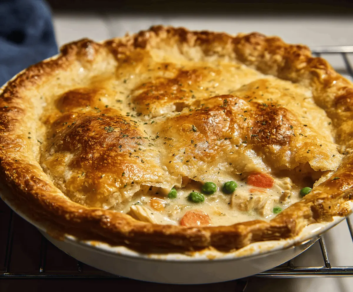 Delicious homemade chicken pot pie with golden flaky crust and savory filling of chicken, vegetables, and gravy