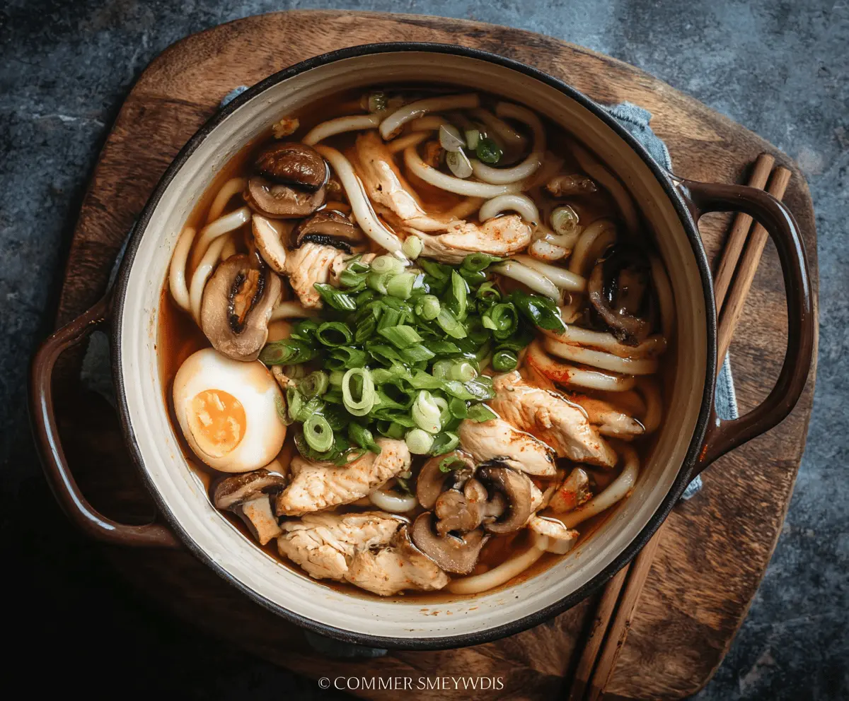 A steaming bowl of Chicken Udon Noodle Soup with tender chicken, thick udon noodles, fresh green onions, and vegetables in a flavorful broth, perfect for a comforting meal.