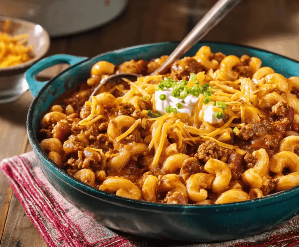 Delicious homemade Chili Mac with ground beef, macaroni pasta, beans, and melted cheese served in a bowl