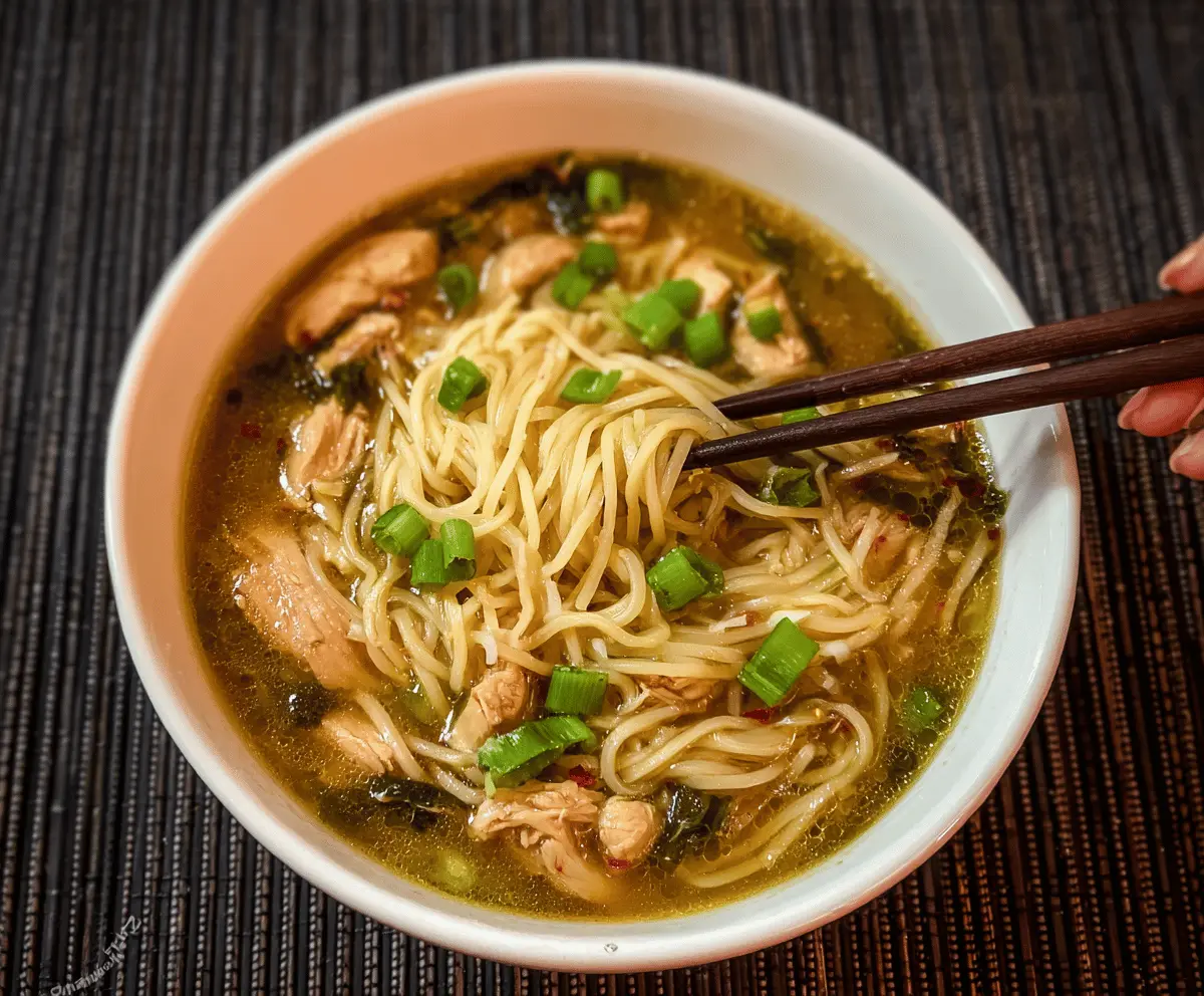 A steaming bowl of Chinese chicken noodle soup garnished with fresh green onions and herbs, showcasing tender chicken, noodles, and vibrant vegetables in a flavorful broth.