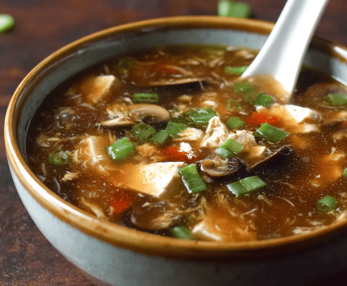 A steaming bowl of Chinese hot and sour soup garnished with chopped green onions and sliced mushrooms, showcasing a flavorful, tangy, and spicy broth.