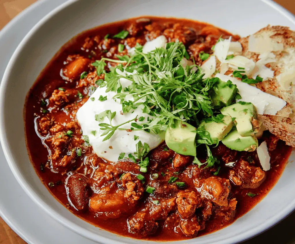 Spicy Chorizo Chili in a bowl topped with fresh herbs and cheese, served with bread on a rustic table