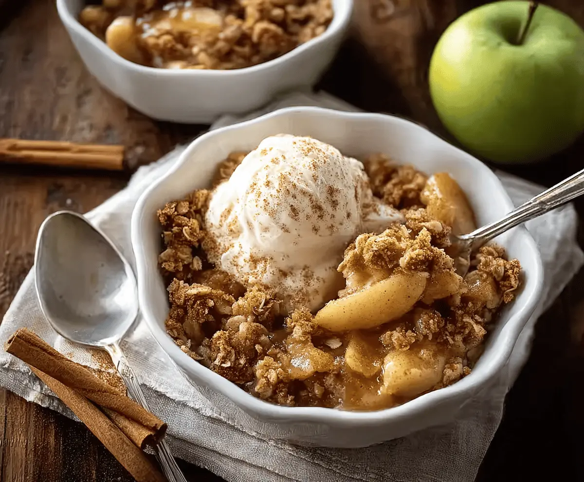 Delicious homemade cinnamon apple crisp topped with golden brown crumble served in a white bowl with fresh apple slices and cinnamon sticks