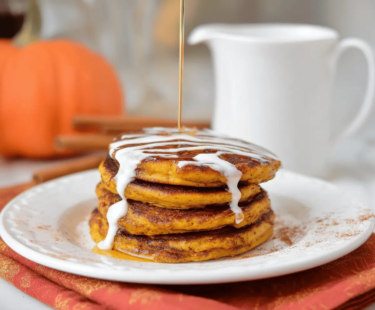 Delicious Cinnamon Swirl Pumpkin Pancakes topped with whipped cream and cinnamon, served on a plate with a autumn-themed table setting.