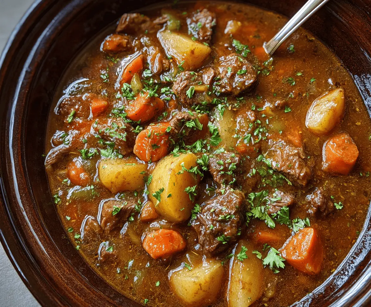 Delicious and hearty crockpot beef stew with tender beef chunks, carrots, potatoes, and vegetables in a rich broth, perfect for comforting meals.