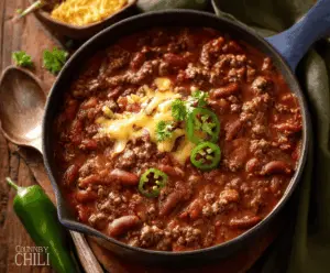 Hearty Cowboy Chili in a bowl with beans, ground beef, tomatoes, and spices, garnished with fresh herbs, perfect for a comforting and flavorful meal.