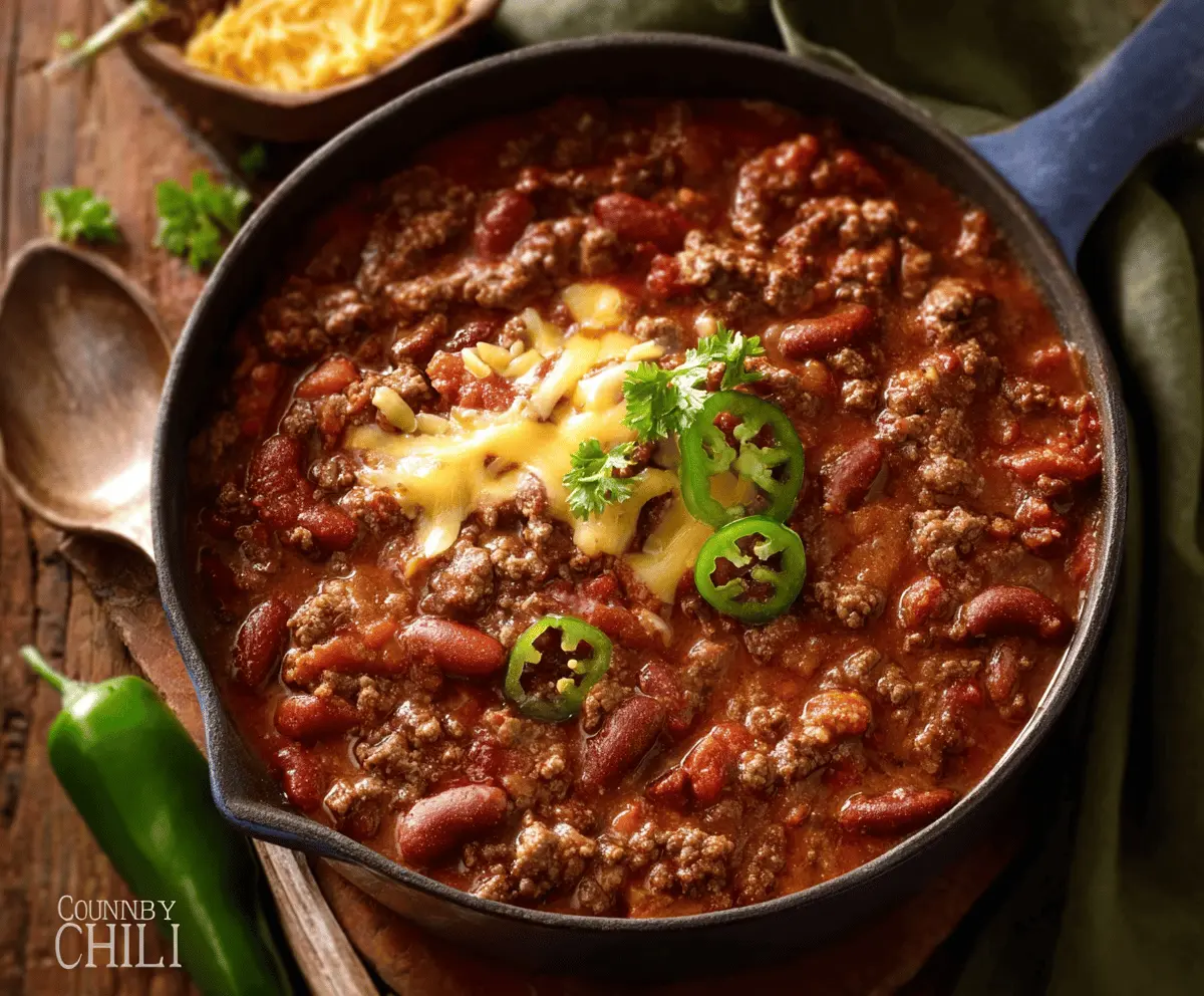 Hearty Cowboy Chili in a bowl with beans, ground beef, tomatoes, and spices, garnished with fresh herbs, perfect for a comforting and flavorful meal.