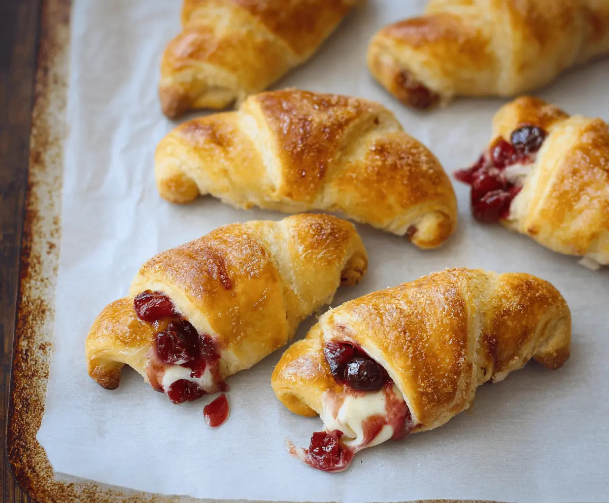 Delicious homemade cranberry cream cheese crescent rolls garnished with fresh cranberries and a dusting of powdered sugar, perfect for holiday baking