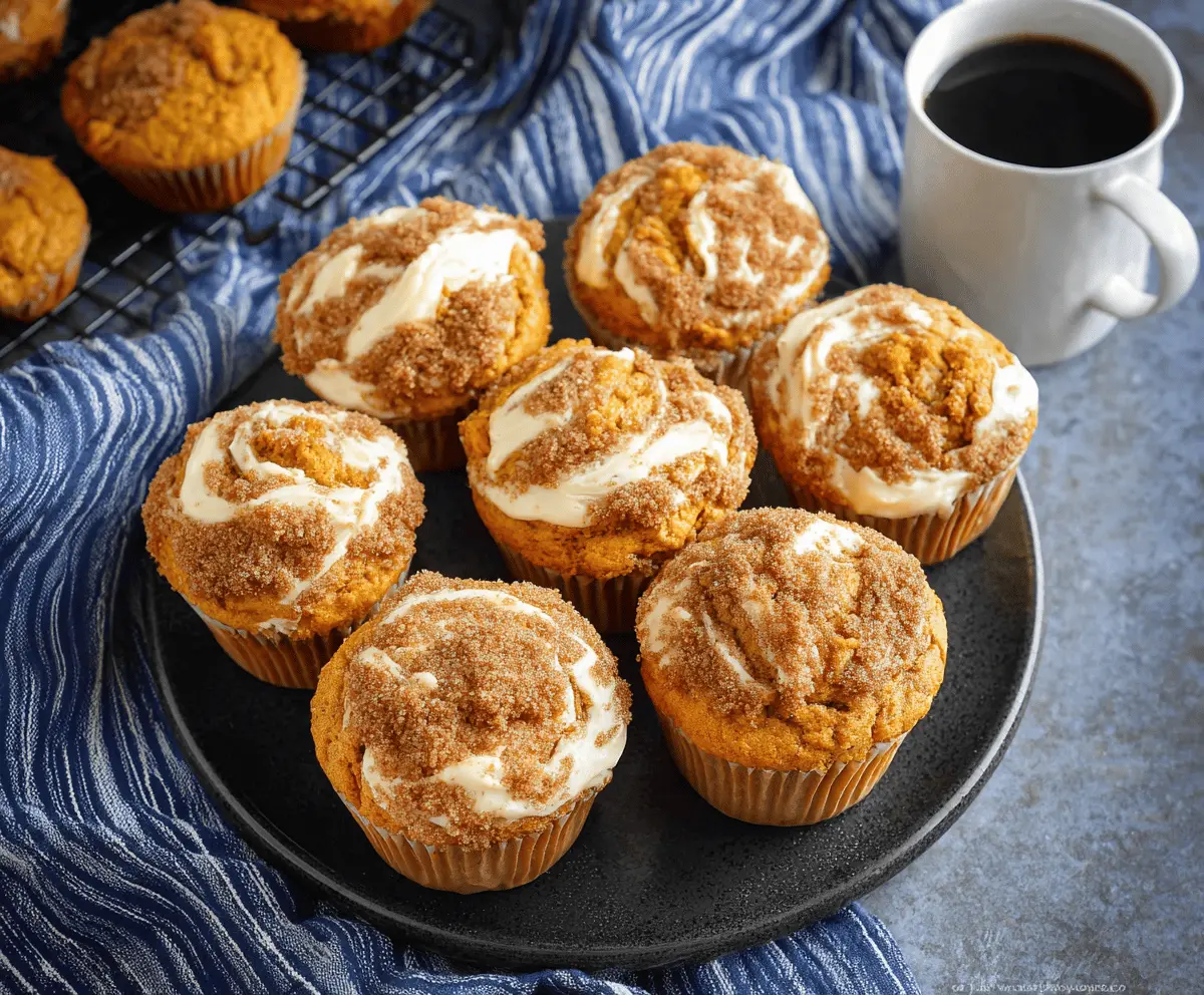 Delicious homemade cream cheese pumpkin spice muffins topped with cinnamon and fresh pumpkin pieces, perfect for fall baking