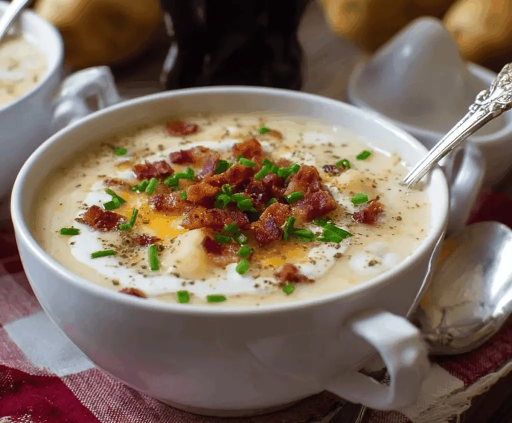 Creamy Bacon Potato Soup served in a bowl with crispy bacon pieces, fresh herbs, and a spoon, showcasing a hearty and flavorful comfort food dish.