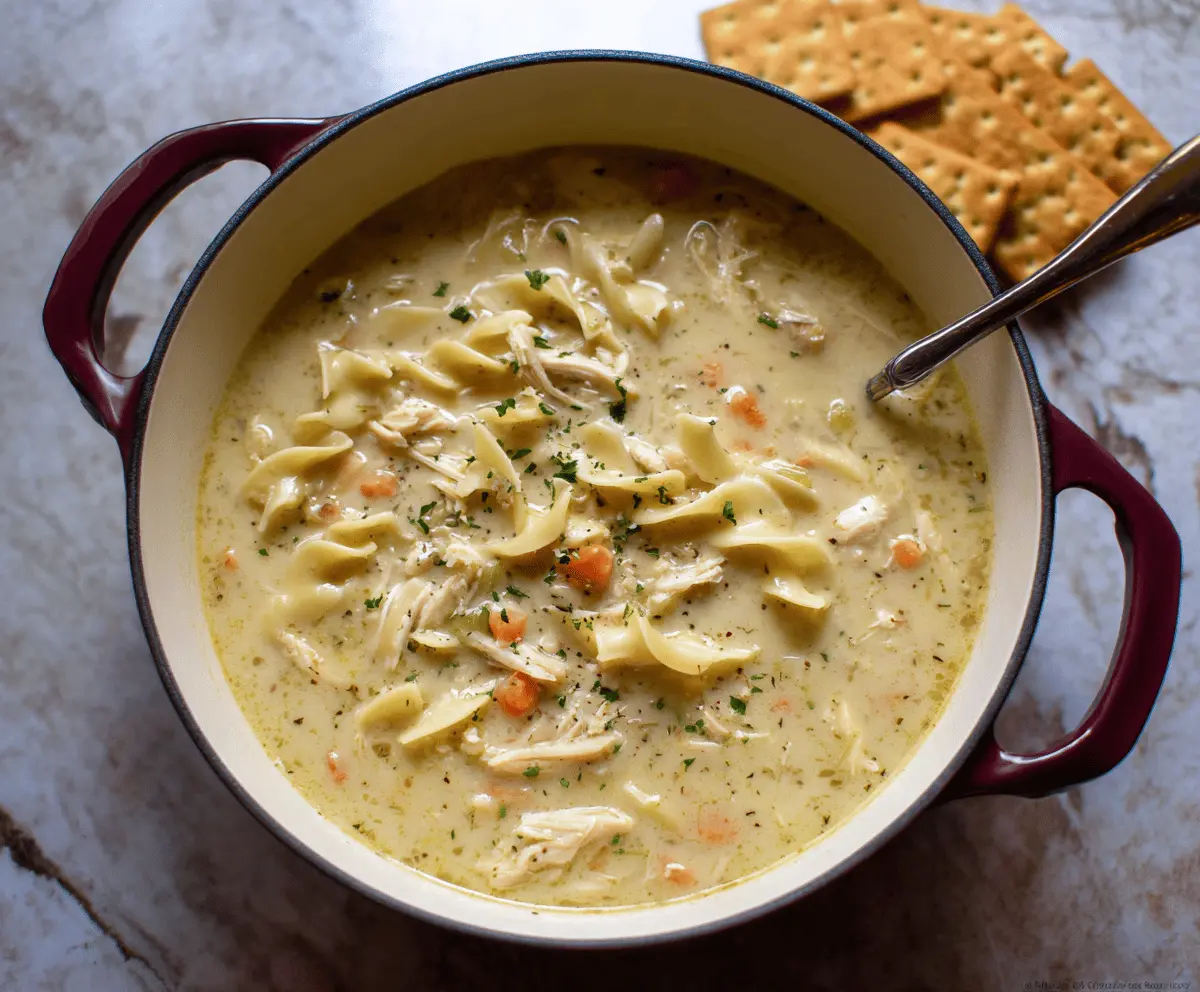A steaming bowl of creamy chicken noodle soup with tender chicken, vegetables, and pasta garnished with fresh herbs