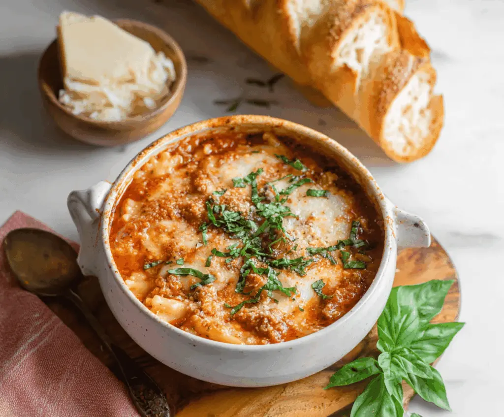 Creamy Lasagna Soup in a bowl topped with melted cheese, fresh basil, and lasagna noodles, showcasing a delicious and hearty Italian-inspired meal