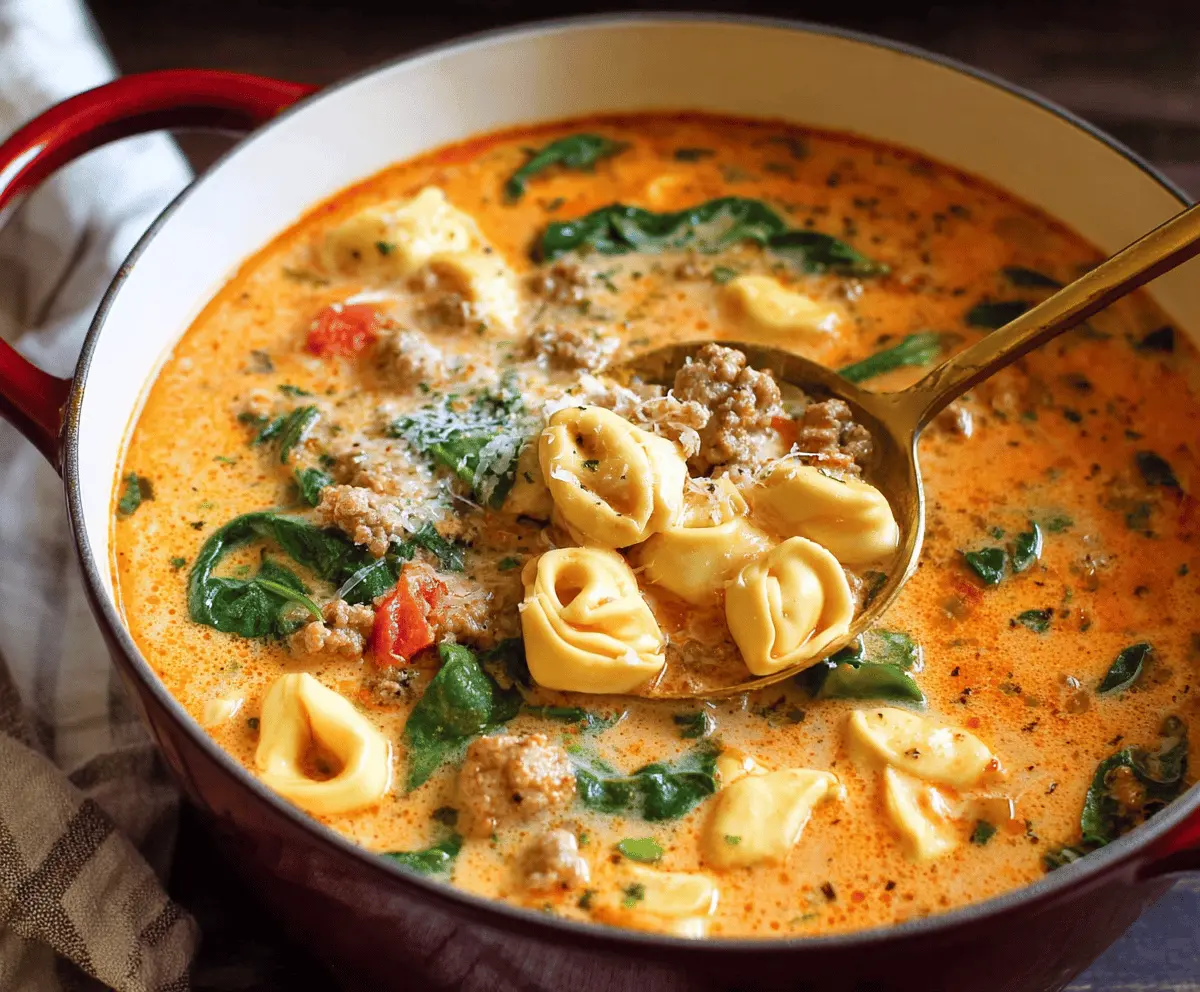 A bowl of creamy sausage tortellini soup garnished with fresh herbs, featuring tender tortellini, sausage pieces, spinach, and a rich, creamy broth, perfect for a comforting meal.