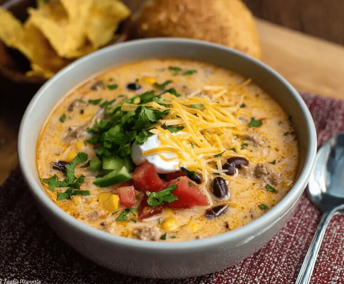 Creamy Taco Soup in a bowl topped with shredded cheese, sour cream, and fresh cilantro, served with tortilla chips on the side