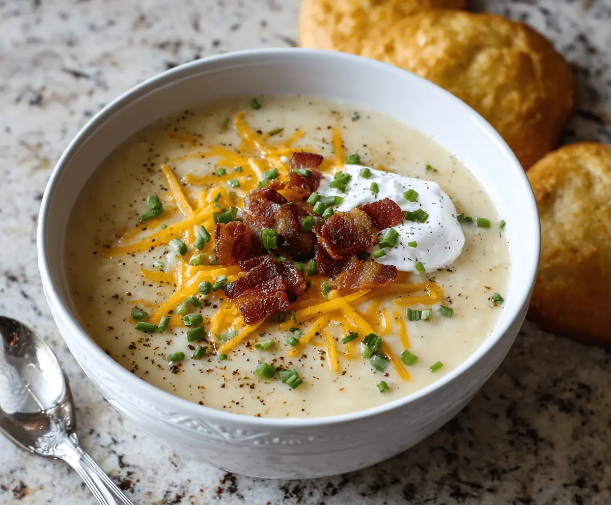 Creamy Crockpot Baked Potato Soup in a bowl topped with shredded cheese, chopped green onions, and crispy bacon bits, served with a spoon.