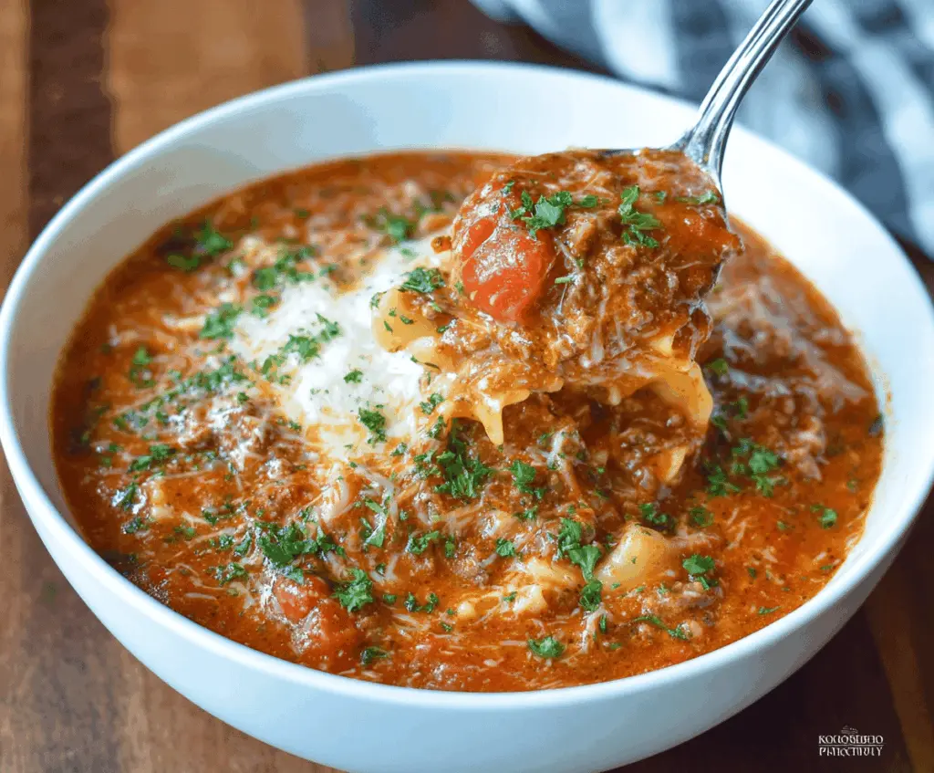 A bowl of hearty crockpot gluten-free lasagna soup topped with melted cheese, fresh basil, and grated Parmesan, served with garlic bread on the side.