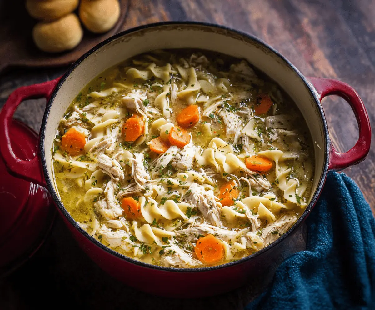 A steaming bowl of homemade Dutch Oven Chicken Noodle Soup with tender chicken, colorful vegetables, and curly noodles, served in a rustic bowl on a wooden table.