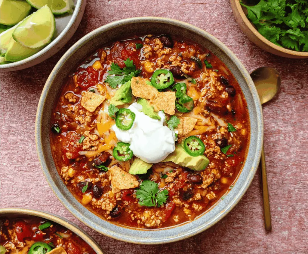 Delicious Enchilada Chili in a bowl garnished with cheese and herbs, perfect for a hearty and flavorful meal