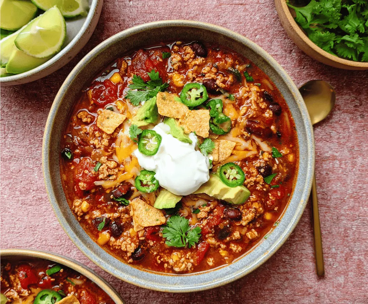 Delicious Enchilada Chili in a bowl garnished with cheese and herbs, perfect for a hearty and flavorful meal