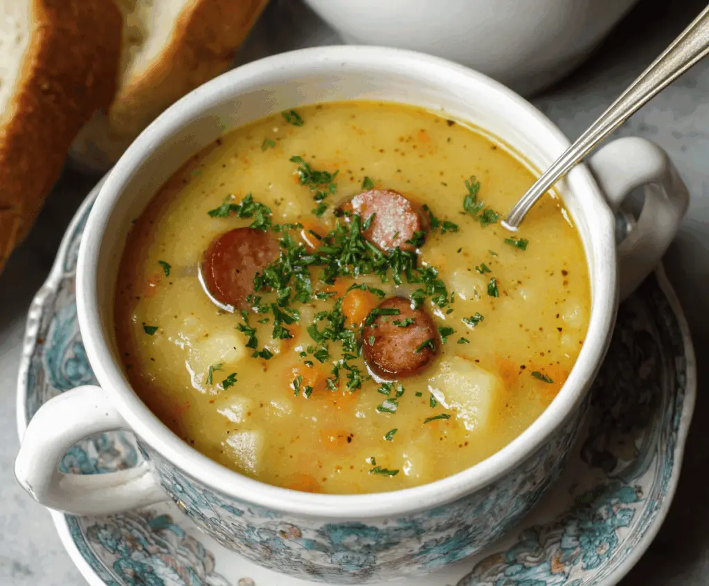 Creamy German Potato Soup garnished with fresh herbs and served in a rustic bowl on a wooden table.