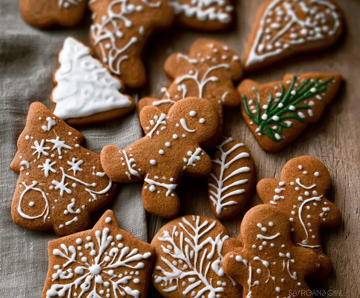 Delicious homemade gingerbread cookies shaped like stars and men, decorated with colorful icing and sprinkles, perfect for holiday celebrations.