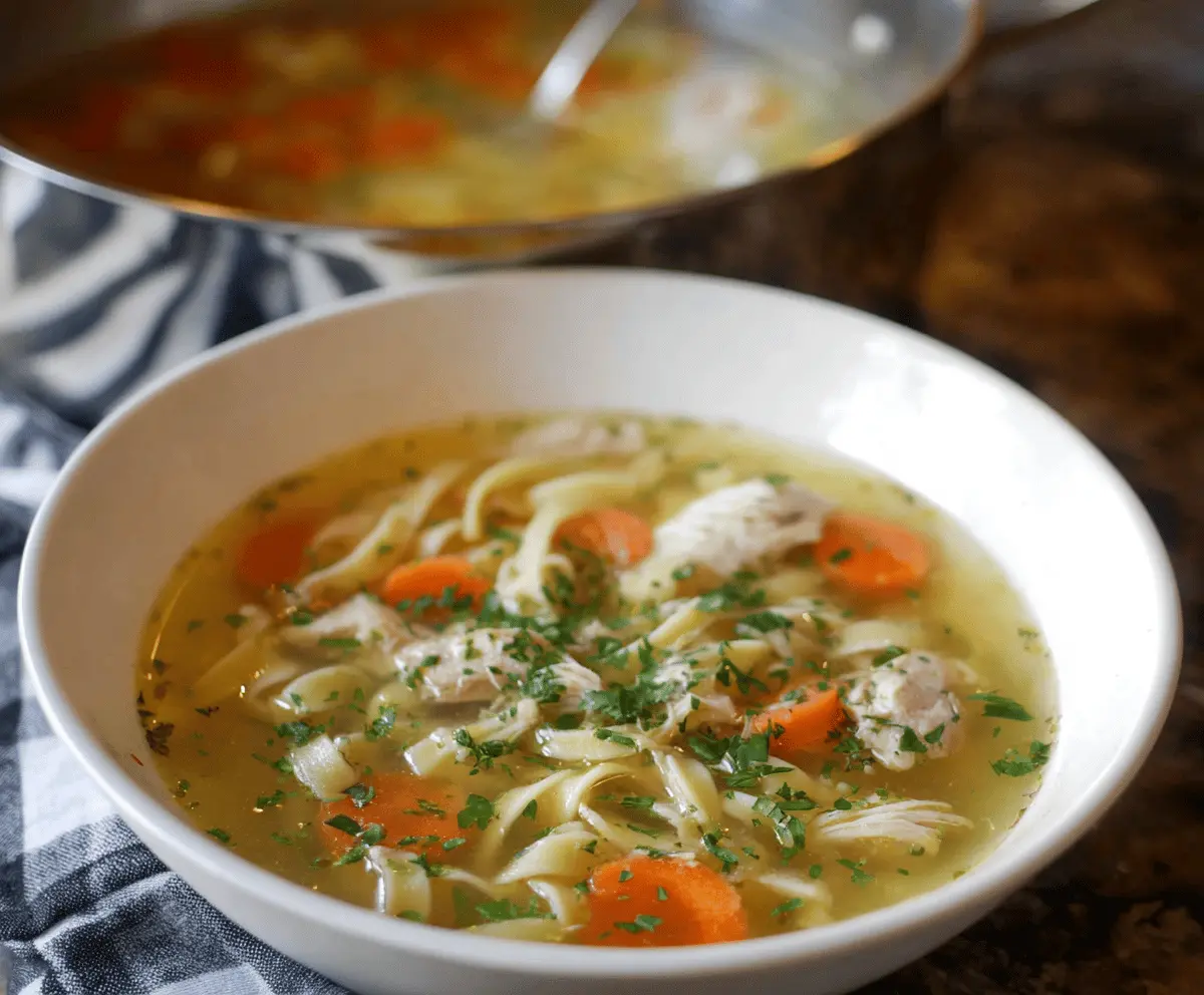 A steaming bowl of gluten-free chicken noodle soup with tender chicken, colorful vegetables, and rice noodles, served in a white bowl on a wooden table.