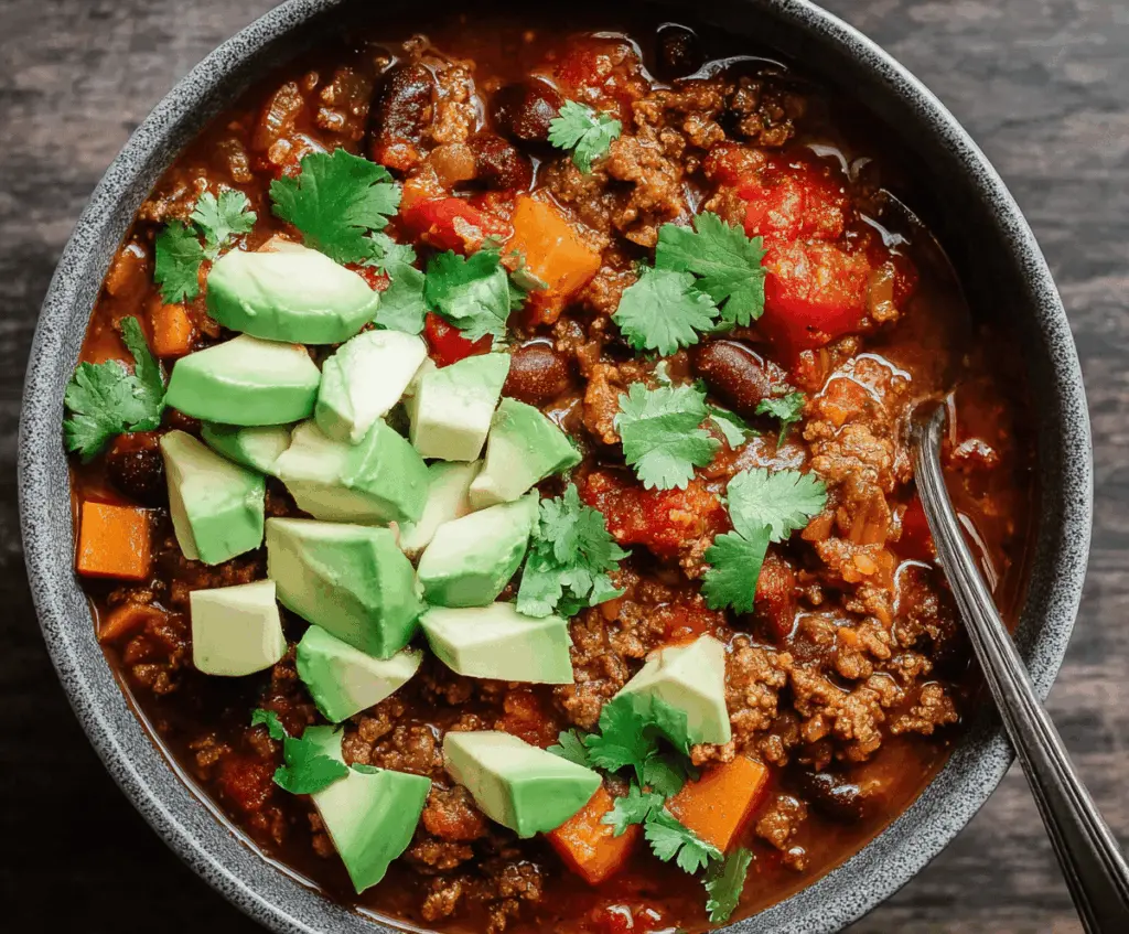 A bowl of healthy chili topped with fresh herbs and vegetables, served with a side of whole grain bread
