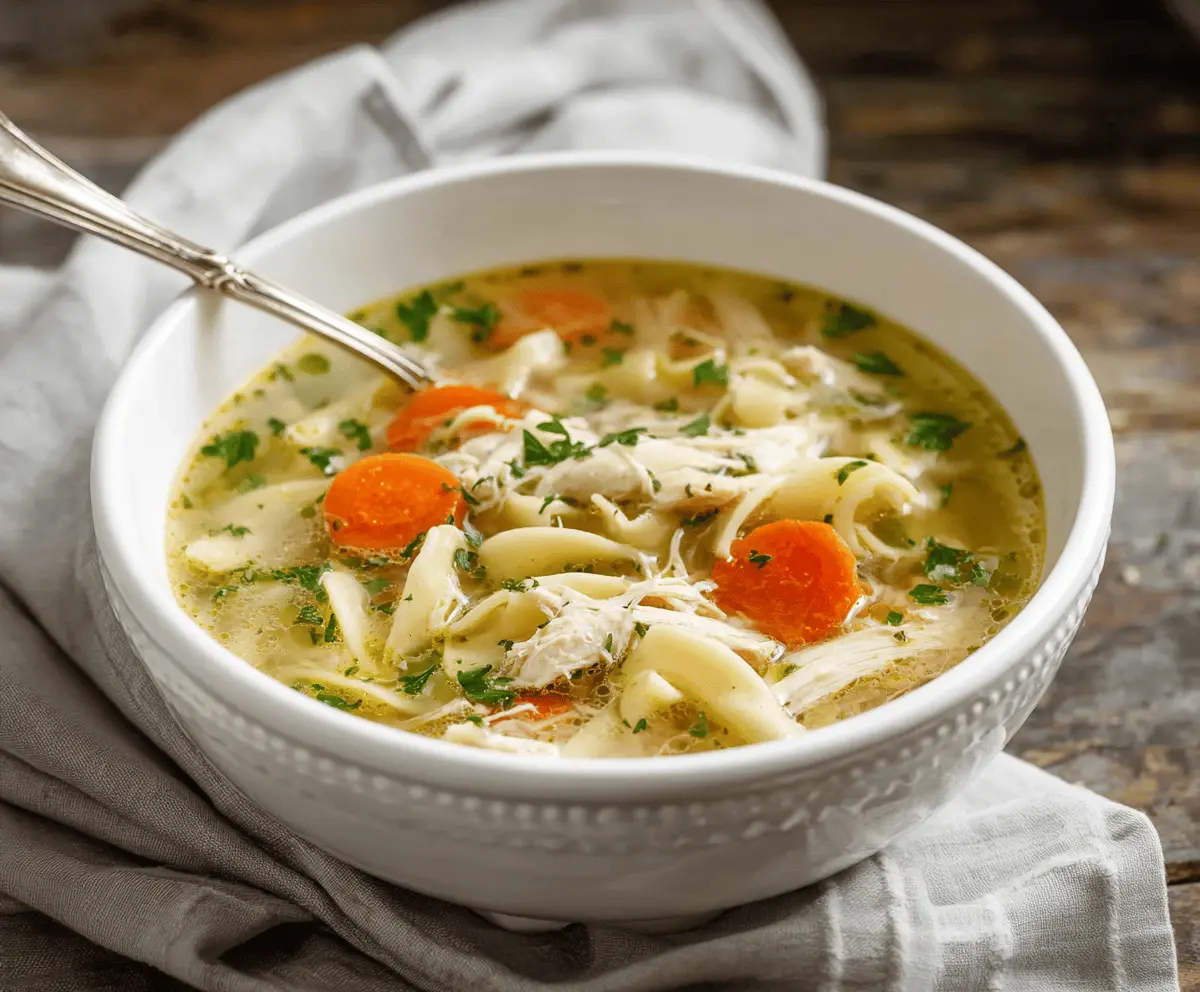 Creamy and flavorful Instant Pot Chicken Noodle Soup in a bowl, featuring tender chicken, vegetables, and noodles, perfect for a comforting meal.