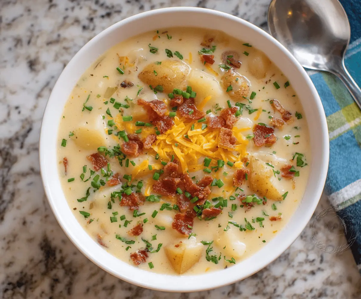 Creamy Instant Pot Potato Soup in a bowl garnished with fresh herbs and shredded cheese, served with bread on the side.